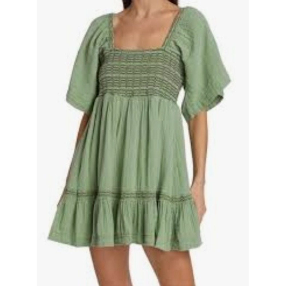 Free People Sage‎ Green Smocked Gauze Mini Dress Tie Back Boho Womens S